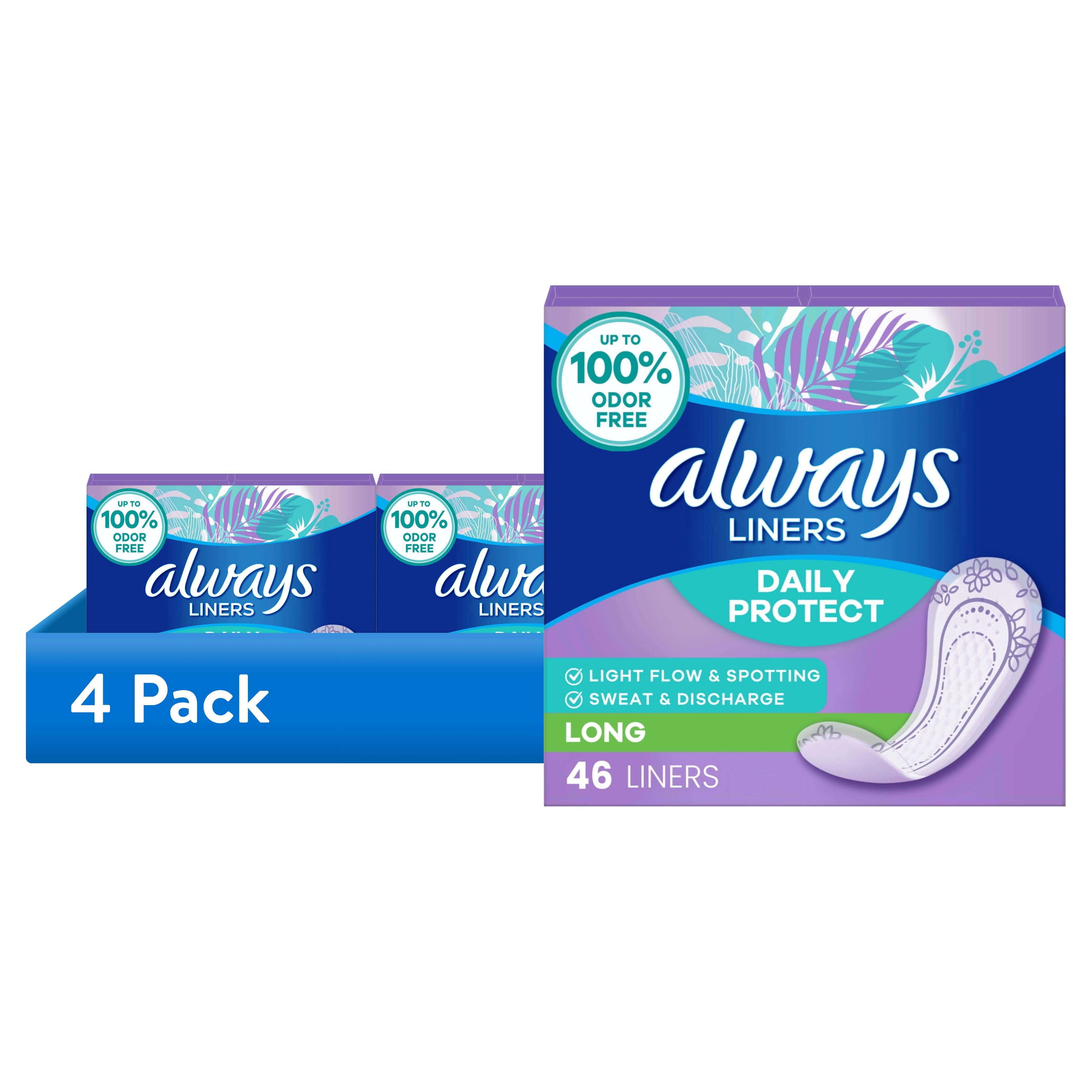 (4 pack) Always Daily Protect Liners, Long Length, Unscented Panty Liners, 46 Count