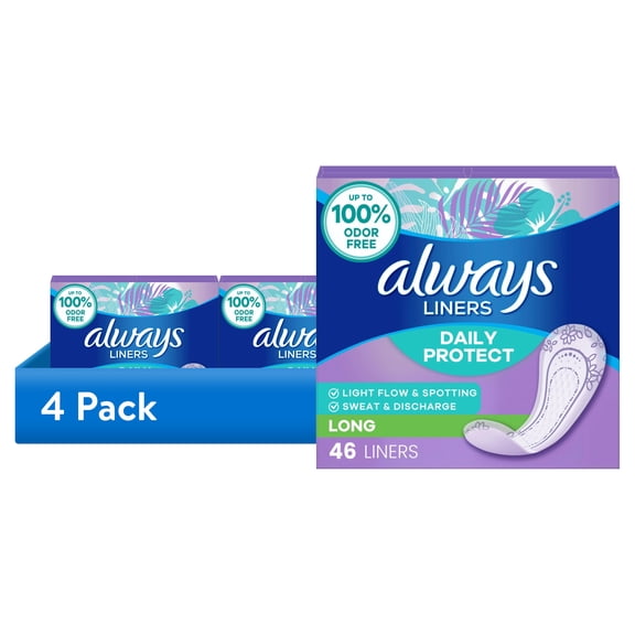 (4 pack) Always Daily Protect Liners, Long Length, Unscented Panty Liners, 46 Count