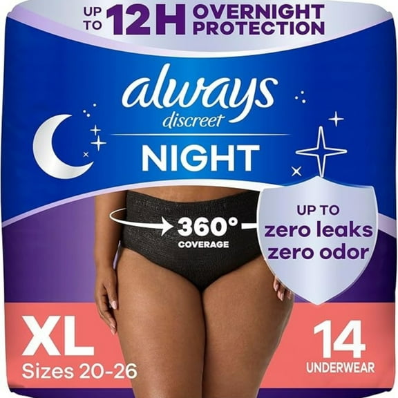 Always Discreet Adult Incontinence Overnight Underwear for Women, Extra Large, Up to 100% Bladder Leak Protection, 14 Count