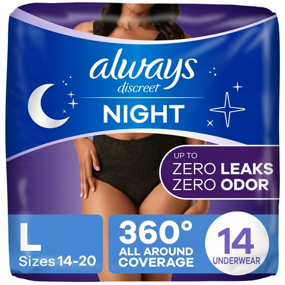 Always Discreet Adult Incontinence Overnight Underwear for Women, L, Up to 100% Bladder Leak Protection, 14 CT