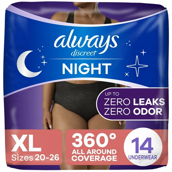 Always Discreet Adult Incontinence Overnight Underwear for Women, XL, Up to 100% Bladder Leak Protection, 14 CT