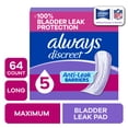 thumbnail image 1 of Always Discreet Incontinence Pads for Women, Maximum Absorbency, Long Length, Postpartum Pads, 64 Count, 1 of 14