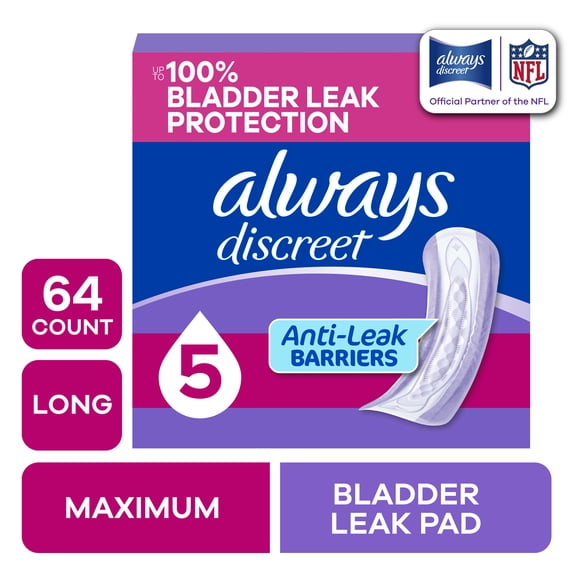 Always Discreet Incontinence Pads for Women, Maximum Absorbency, Long Length, Postpartum Pads, 64 Count