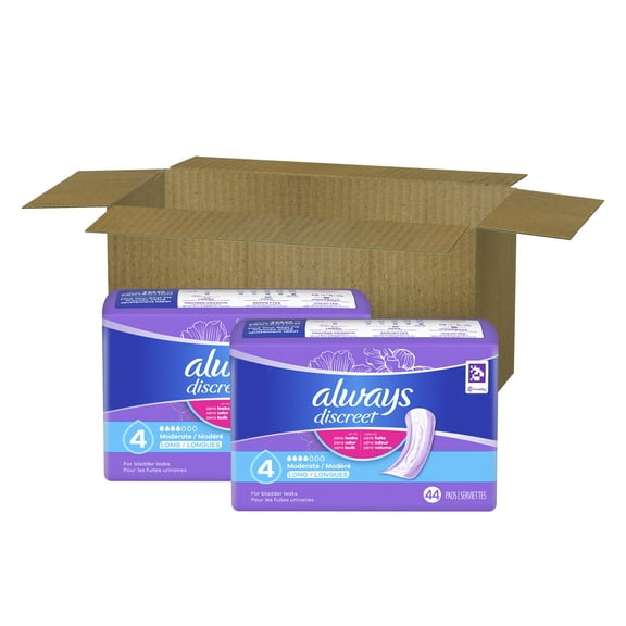 Always Discreet Adult Incontinence Pads for Women, Moderate Absorbency, Long Length, Postpartum Pads, 88 CT