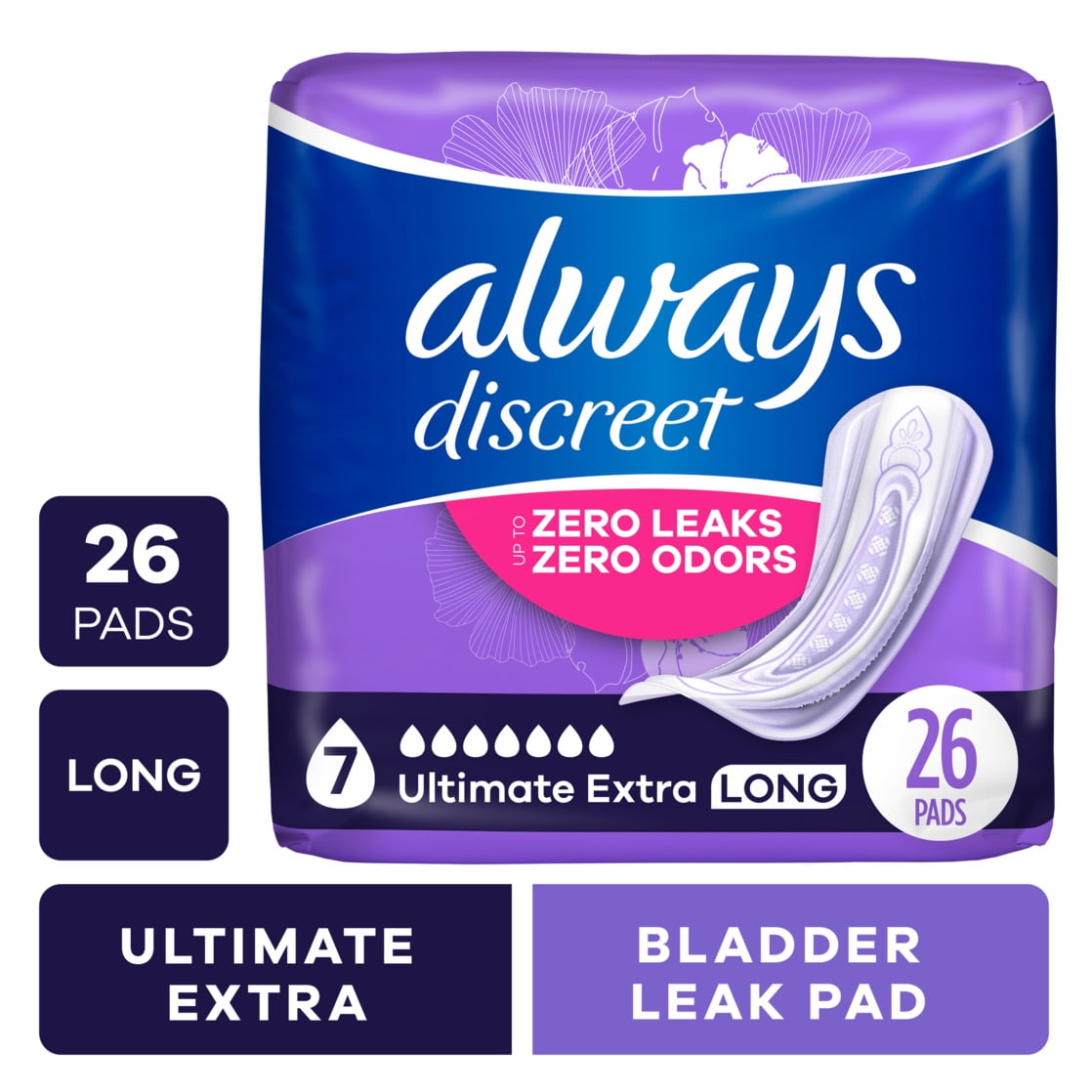 Always Discreet Adult Incontinence Pads for Women, Ultimate Extra Absorbency, Long Length, Postpartum Pads, 26 Count