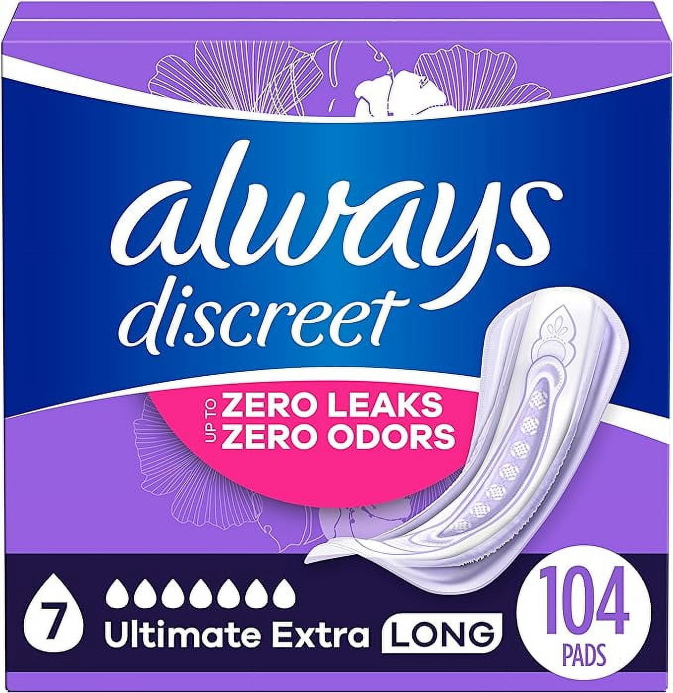 Always Discreet Adult Incontinence Pads for Women, Ultimate Extra Protect Absorbency, Long Length, Postpartum Pads, 104 Count