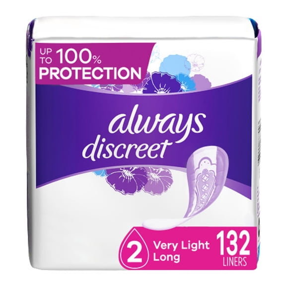 Always Discreet Adult Incontinence & Postpartum Liners For Women, Size 2, Very Light Absorbency, Long Length, 44 Count x 3 Packs (132 Count total) (Packaging May Vary) SHO11