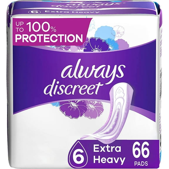 Always Discreet Adult Incontinence & Postpartum Pads For Women, Extra Heavy Overnight Absorbency, Regular Length, 33 Count x 2 Packs (66 Count total)