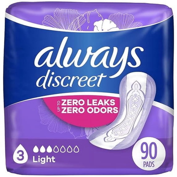 Always Discreet Adult Incontinence & Postpartum Pads for Women, Size 3, Light Absorbency, Regular Length, 30 Count x 3 Packs (90 Count total) (Packaging May Vary)
