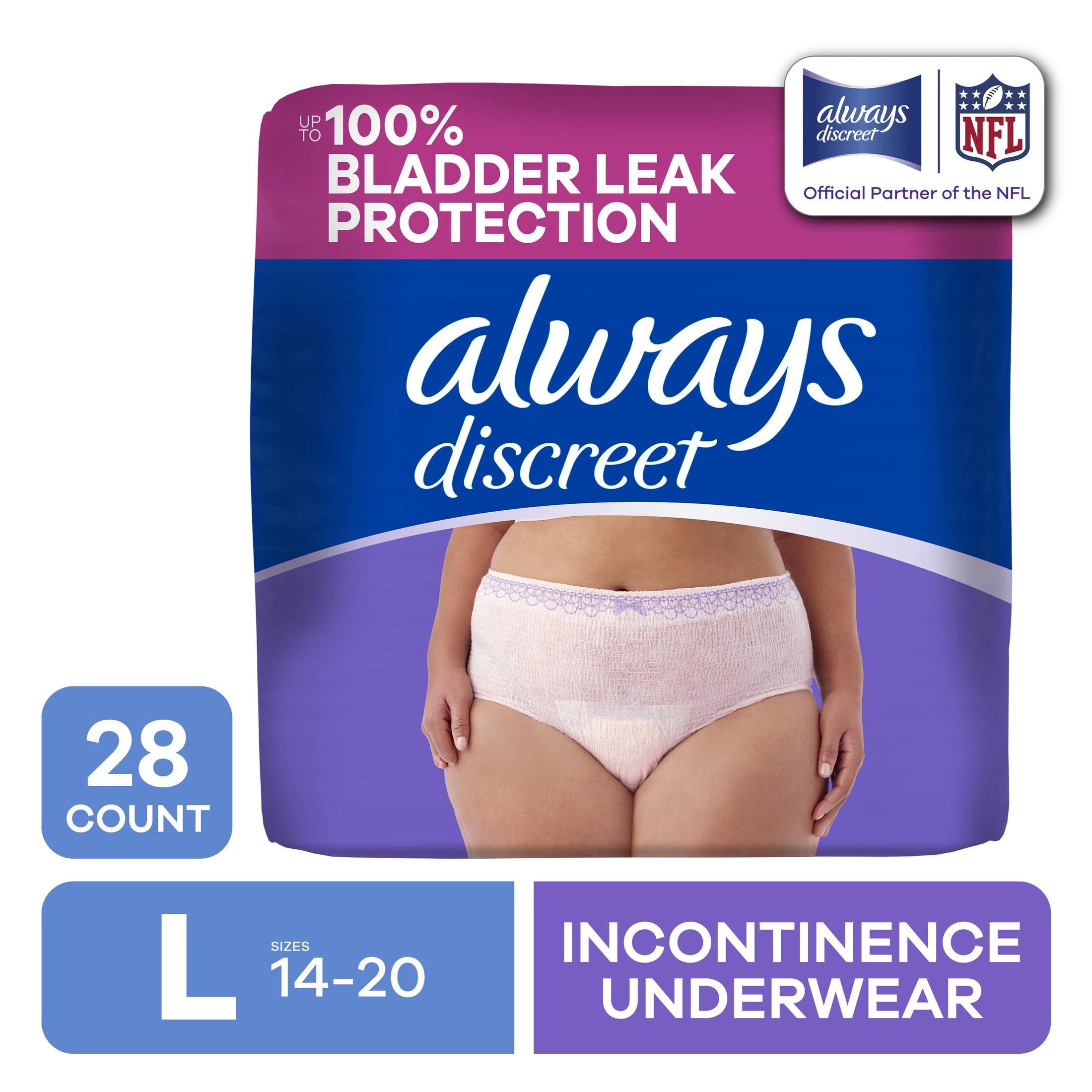Always Discreet Adult Incontinence Underwear for Women & Postpartum Underwear, L, up to 100% Bladder Leak Protection, 28 Count