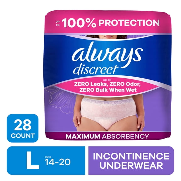 Always Discreet Adult Incontinence Underwear for Women & Postpartum Underwear, L, up to 100% Bladder Leak Protection, 28 Count