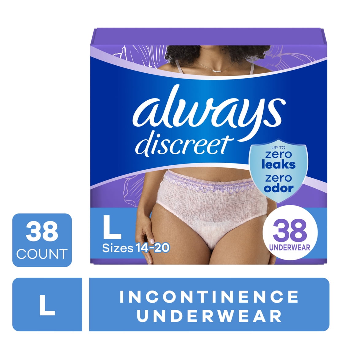 Always Discreet Adult Incontinence Underwear for Women and Postpartum Underwear, L, Up to 100% Bladder Leak Protection, 38 Count