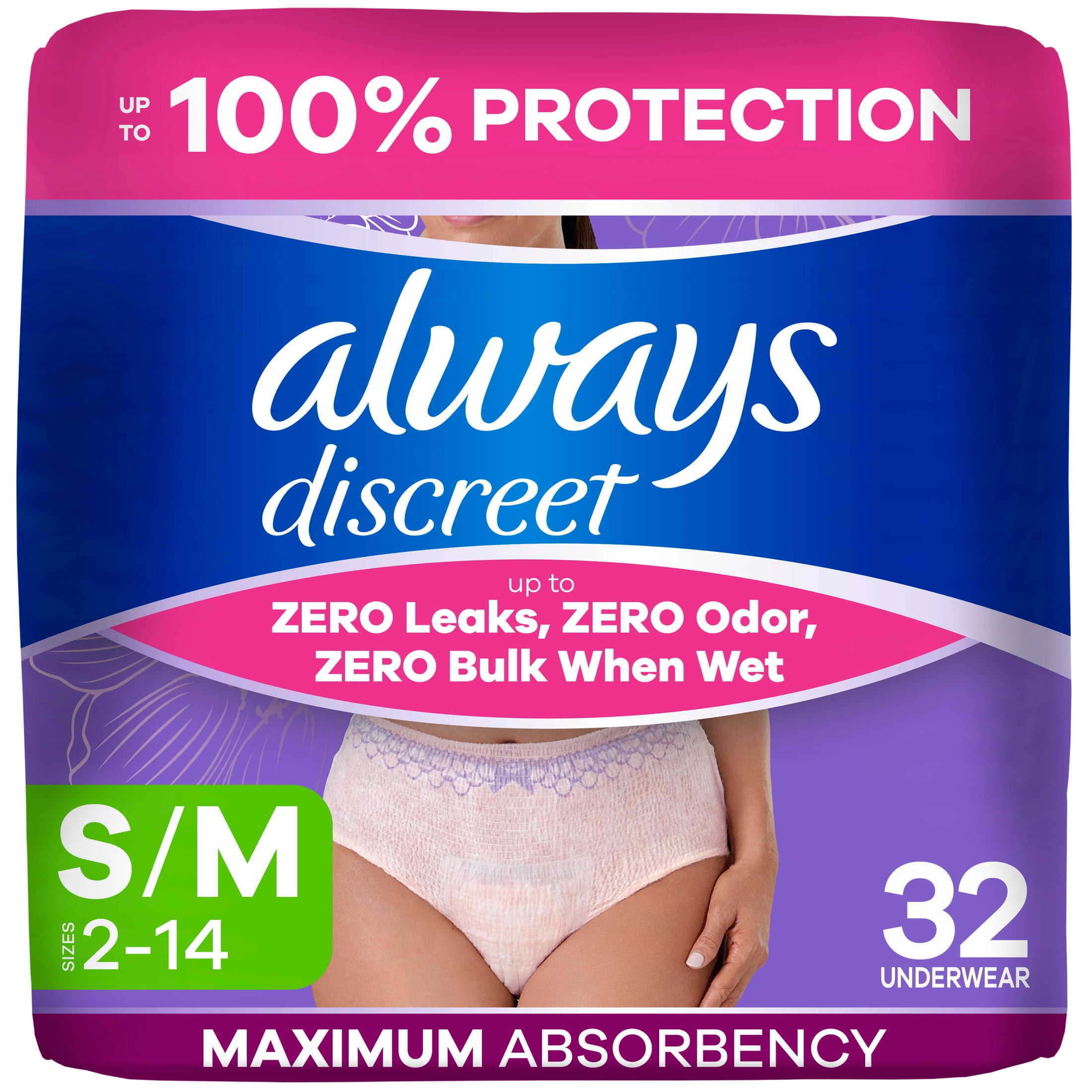 Always Discreet, Adult Diapers for Women, Maximum Incontinence and Postpartum Underwear S/M, 32 Count