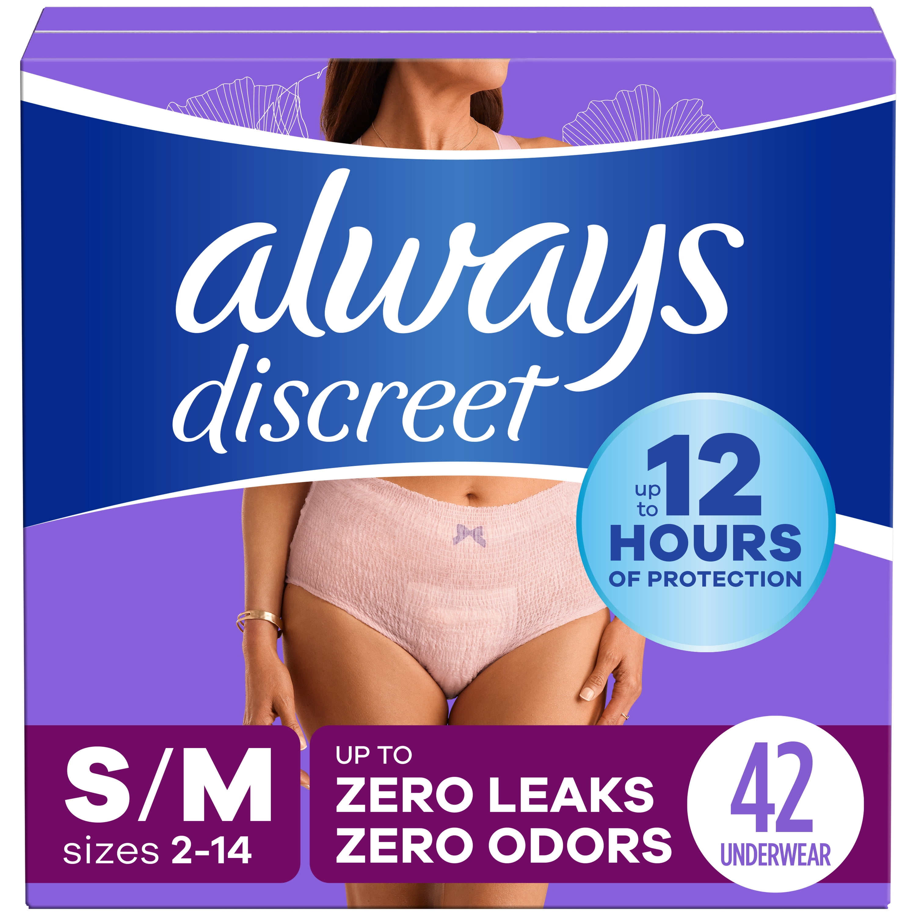 https://i5.walmartimages.com/seo/Always-Discreet-Adult-Incontinence-Underwear-for-Women-Size-S-M-42-CT_6399fc46-6860-401e-8a3f-582537182832.2975fd28a1d3a72bea4b9e0758c84e71.jpeg
