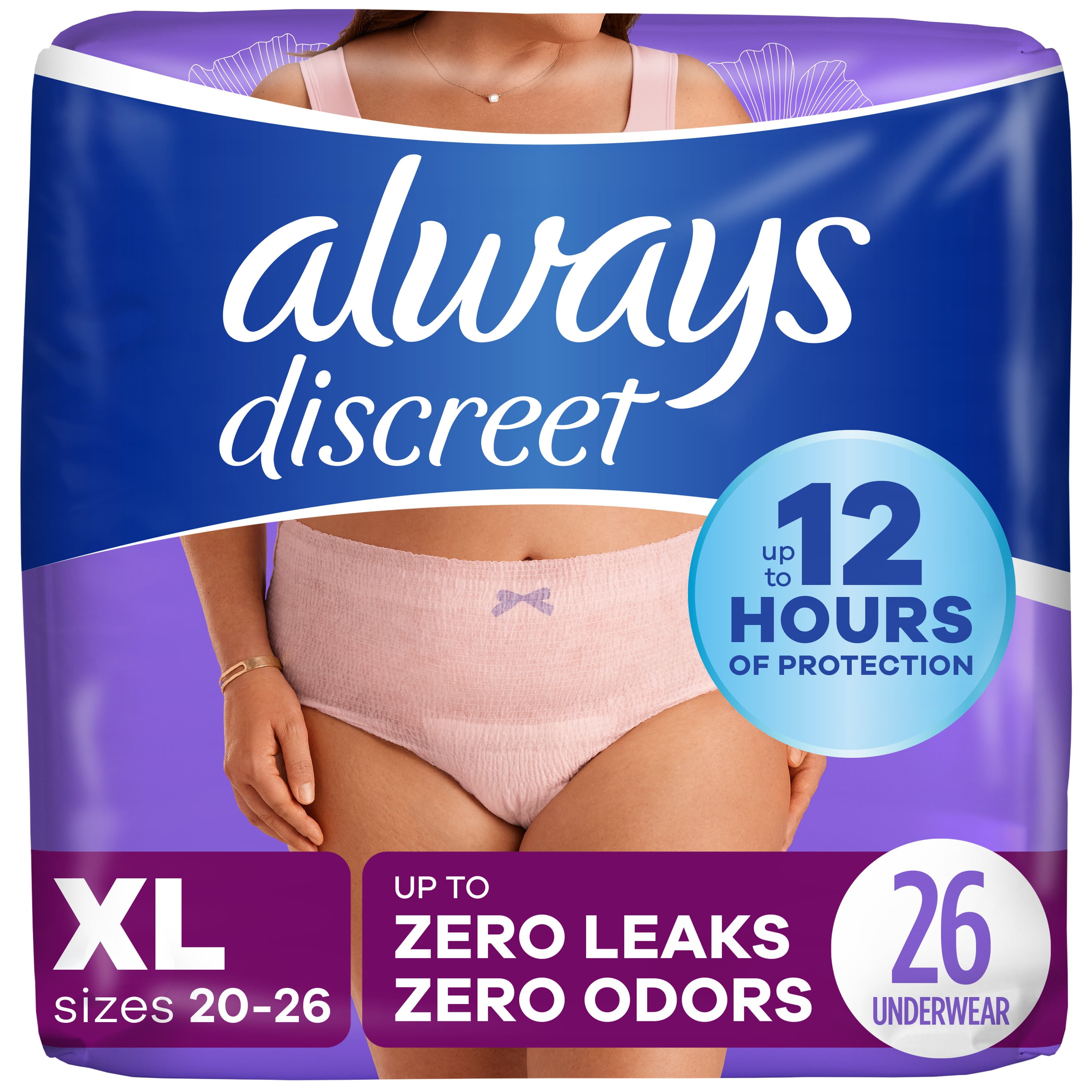https://i5.walmartimages.com/seo/Always-Discreet-Adult-Incontinence-Underwear-for-Women-XL-26-CT_014366b4-3767-41ed-9082-f8fe5509cf10.9675b399db0b9c2f28220a9fd2bab91c.jpeg