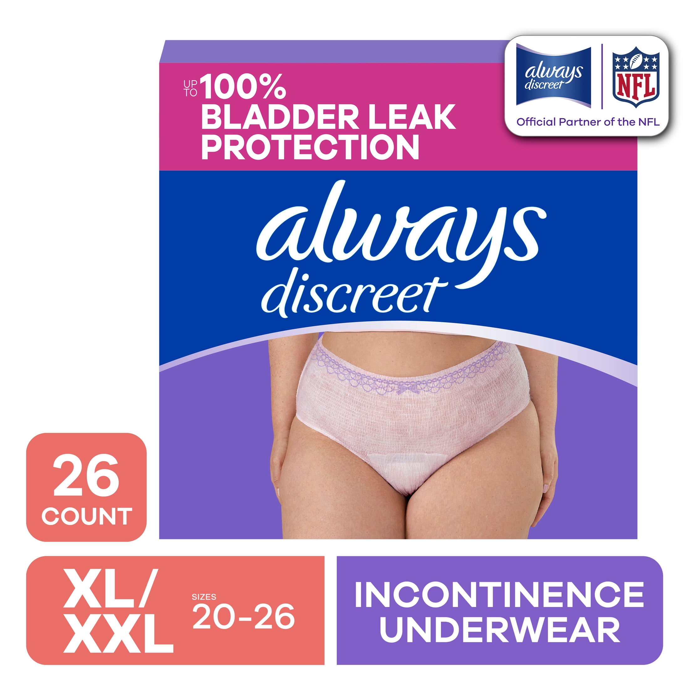 Always Discreet, Adult Diapers for Women, Maximum Incontinence and Postpartum Underwear XL/XXL, 26 CT