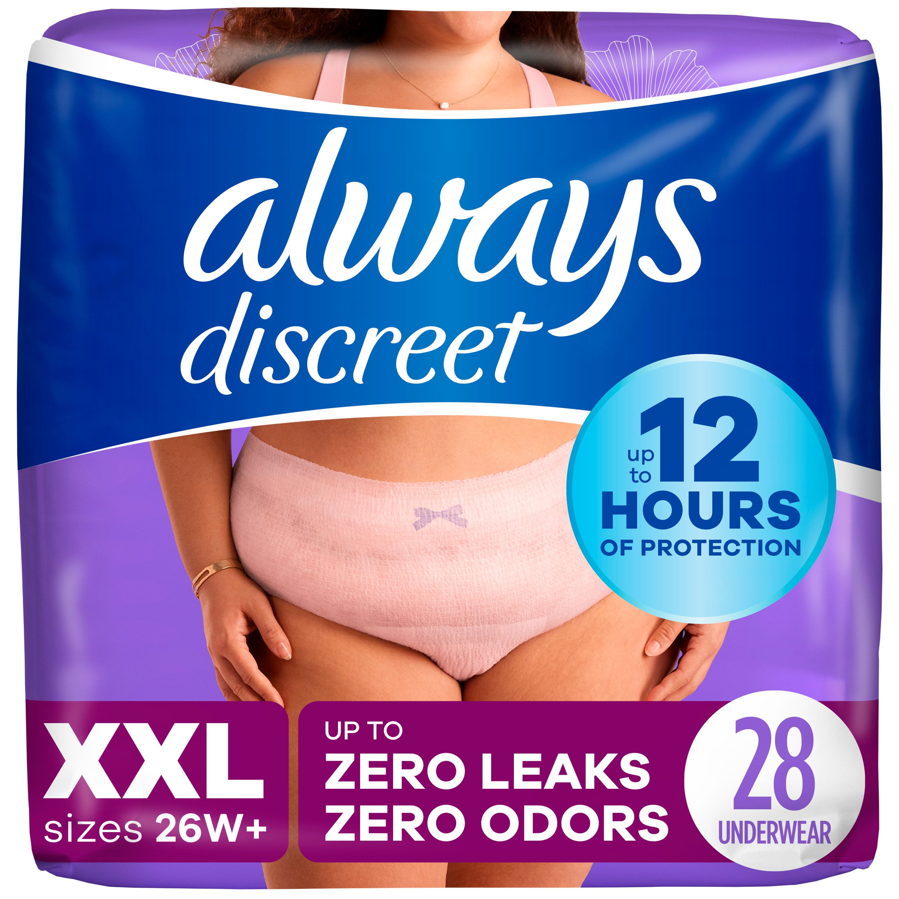 Always Discreet Adult Incontinence Underwear for Women and Postpartum Underwear, XXL, Up to 100% Bladder Leak Protection, 28 Count