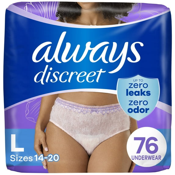 Always Discreet Adult Incontinence Underwear for Women and Postpartum Underwear, L, up to 100% Bladder Leak Protection, 76 Count