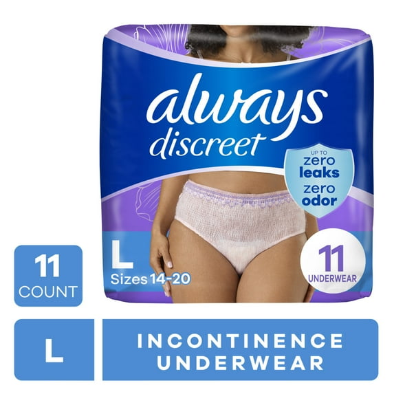 Always Discreet Adult Incontinence Underwear for Women and Postpartum Underwear, L, Up to 100% Bladder Leak Protection, 11 Count
