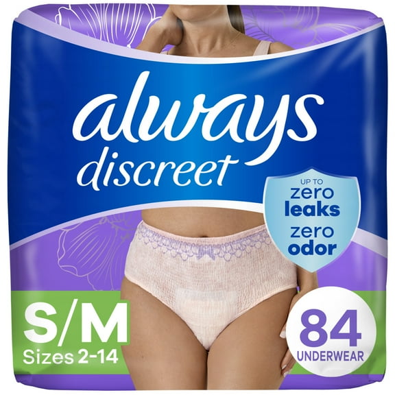 Always Discreet Adult Incontinence Underwear for Women and Postpartum Underwear, S/M, Up to 100% Bladder Leak Protection, 84 Count