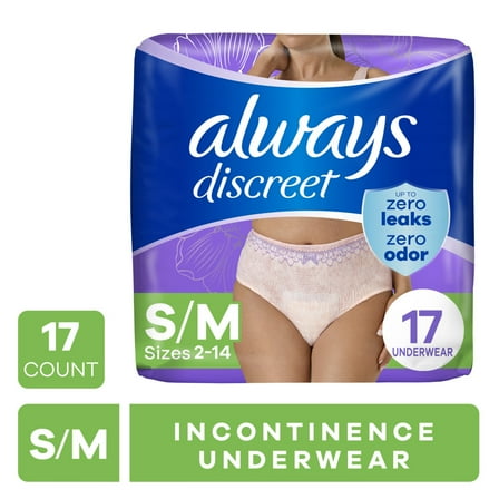 Always Discreet Adult Incontinence Underwear for Women and Postpartum Underwear, s/m, up to 100% Bladder Leak Protection, 17 Count