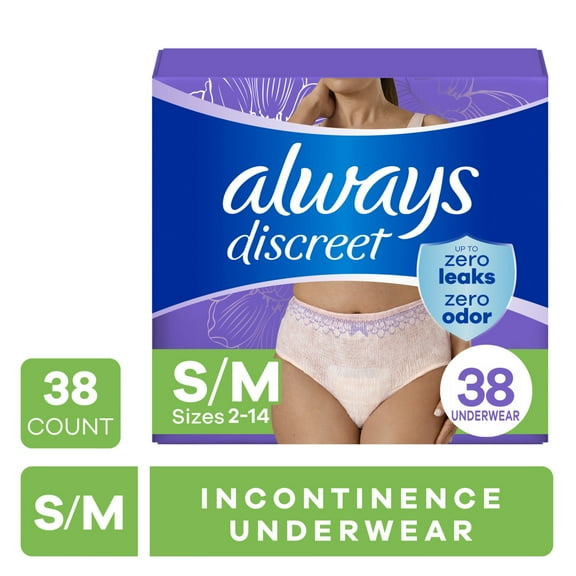 Always Discreet Adult Incontinence Underwear for Women and Postpartum Underwear, S/M, Up to 100% Bladder Leak Protection, 38 Count