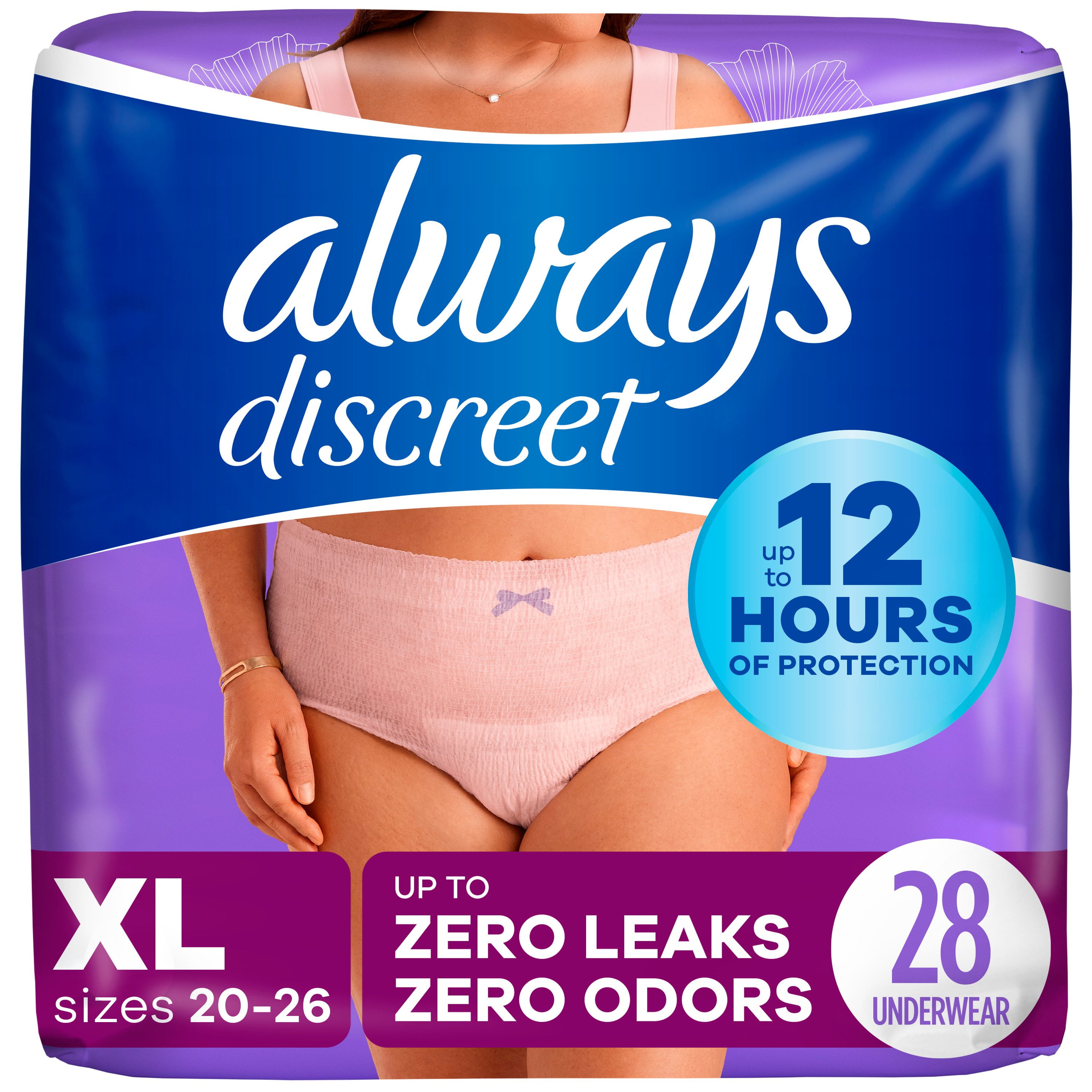 Walmart promo code:  Always Discreet Adult Incontinence Underwear for Women and Postpartum Underwear, XL, Up to 100% Bladder Leak Protection, 28 CT