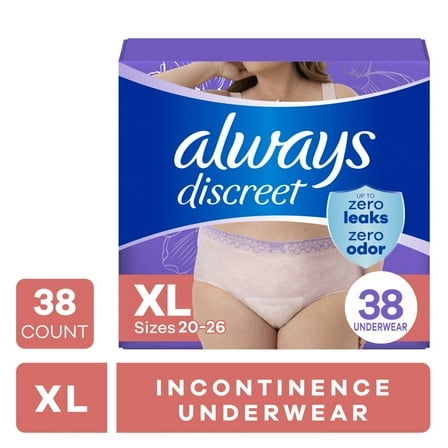 Always Discreet Adult Incontinence Underwear for Women and Postpartum Underwear, XL, Up to 100% Bladder Leak Protection, 38 Count