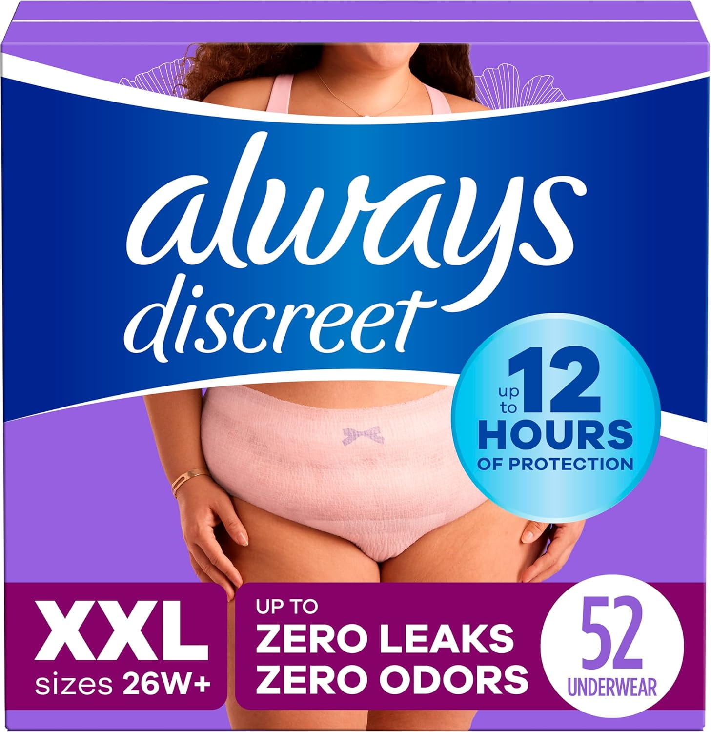 Always Discreet Adult Incontinence and Postpartum Underwear for Women, XXL, Up to 100%* Bladder Leak Protection, 52 Count