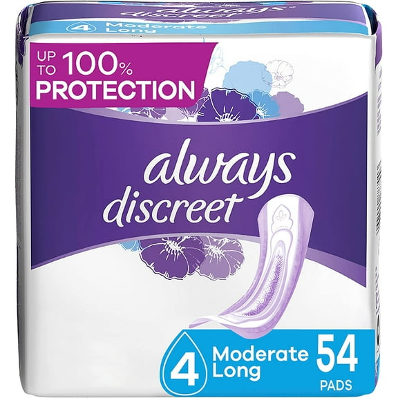 Always Discreet Adult Moderate Long Incontinence Pads, Up to 100% Leak-Free Protection, 54 Count (Packaging May Vary)