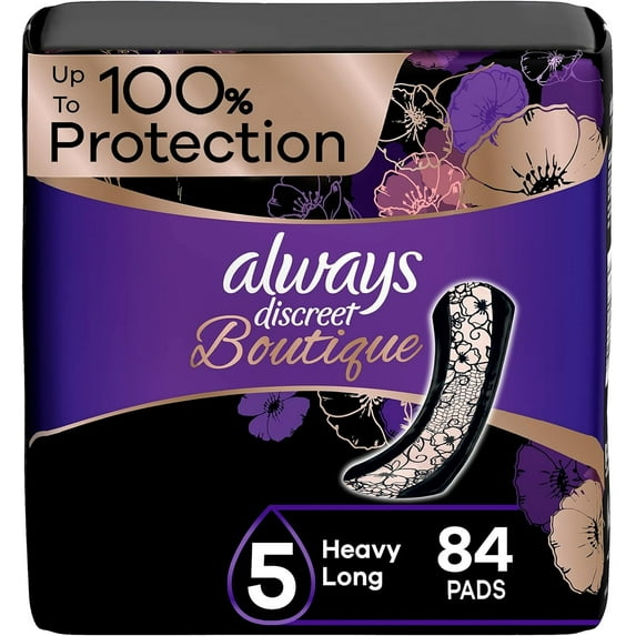 Always Discreet Boutique, Incontinence & Postpartum Pads For Women, Size 5, Heavy Absorbency, Regular Length, 28 Count x 3 Packs (84 Count total)