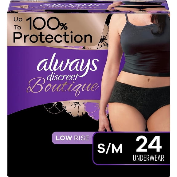 Always Discreet Boutique Adult Incontinence & Postpartum Underwear for Women, Low-Rise, Size Small/Medium, Black, Maximum Absorbency, Disposable, 24 Count