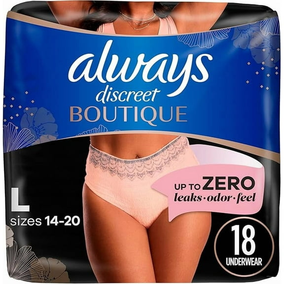 Always Discreet Boutique Adult Incontinence and Postpartum Underwear for Women Maximum Protection Peach Large 18 Count Packaging May Vary