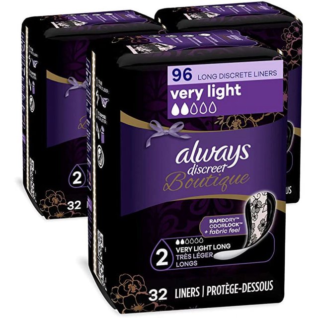 Always Discreet Boutique Incontinence Liners, Very Light Absorbency, Long Length,32 Count (Pack