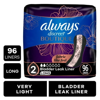 Always Discreet Boutique Incontinence Panty Liners for Bladder Leaks, Size 2, Very Light Absorbency, Long Length, 96 Count