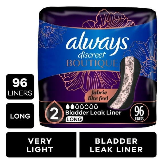 Always Discreet Boutique Incontinence Panty Liners for Bladder Leaks, Size 2, Very Light Absorbency, Long Length, 96 Count