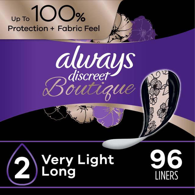 Always Discreet Boutique Incontinence Liners, Very Light Absorbency, Long Length, 96 Ct