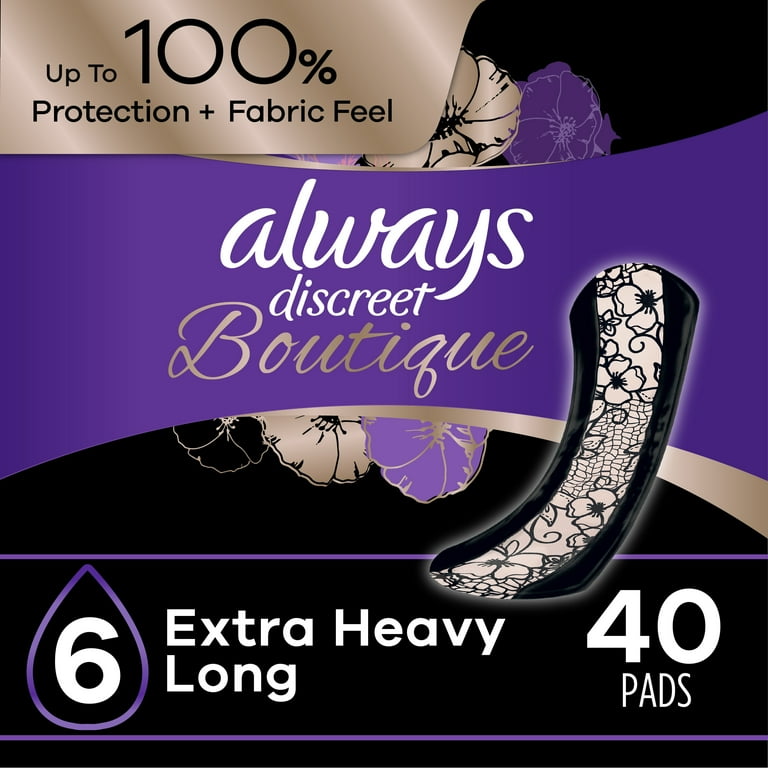 https://i5.walmartimages.com/seo/Always-Discreet-Boutique-Incontinence-Pads-Extra-Heavy-Absorbency-Long-Length-40-CT_20ace956-b2df-40f7-8686-c53d9842e9cb.d3cc8efc99a44c57a4e12a98a8b71523.jpeg?odnHeight=768&odnWidth=768&odnBg=FFFFFF