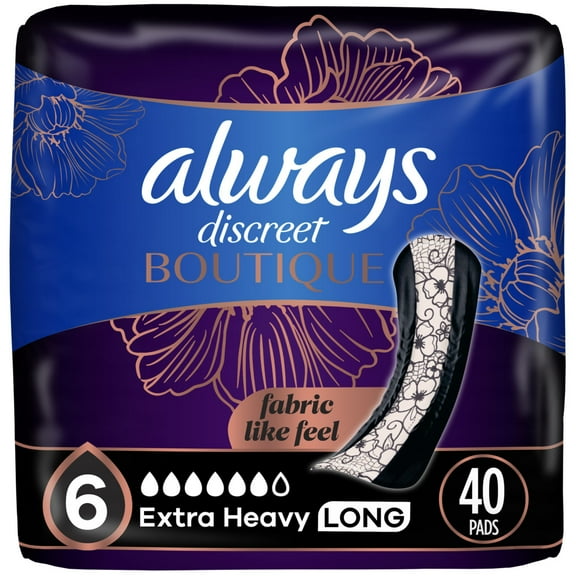 Always Discreet Boutique Incontinence Pads, for Bladder Leaks, Extra Heavy Absorbency, Long Length, 40 Count