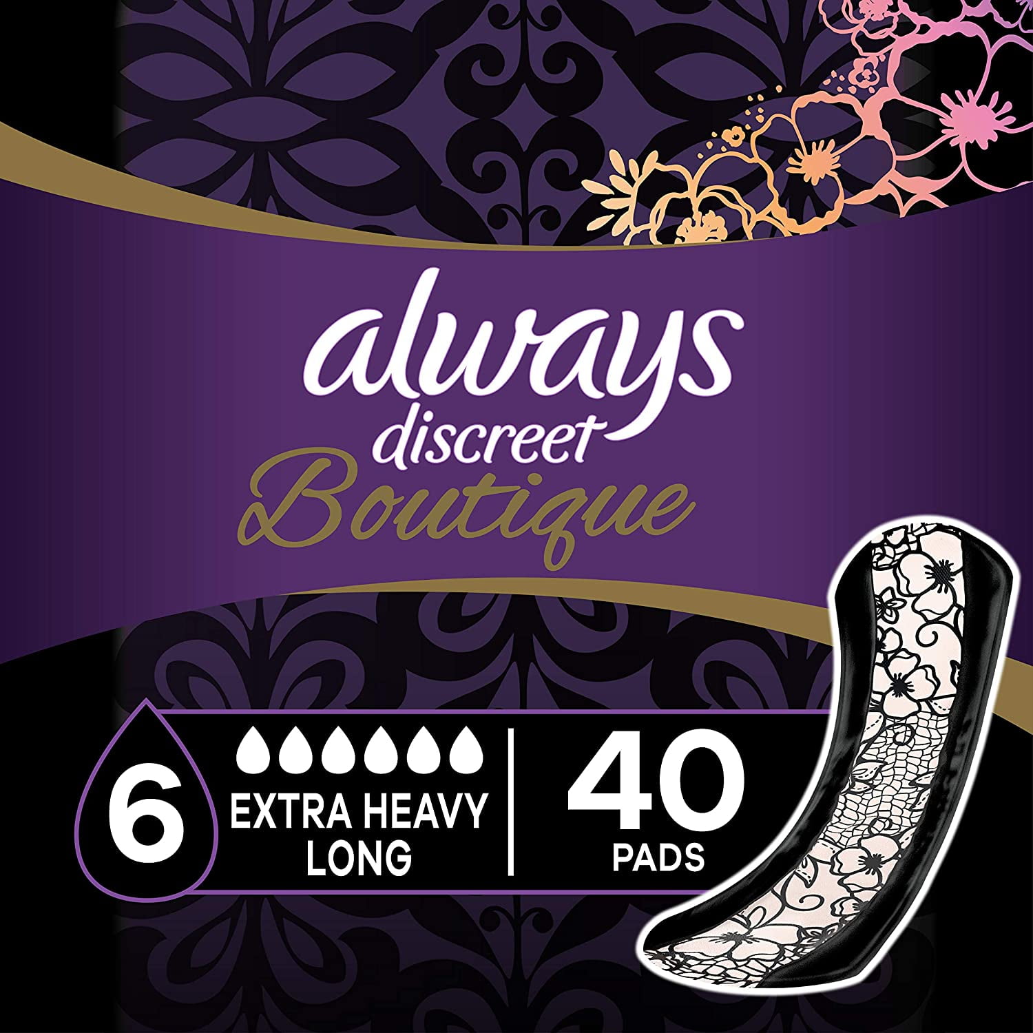 Always Discreet Boutique Incontinence Pads, Extra Heavy Absorbency, Long Length, 40 Count