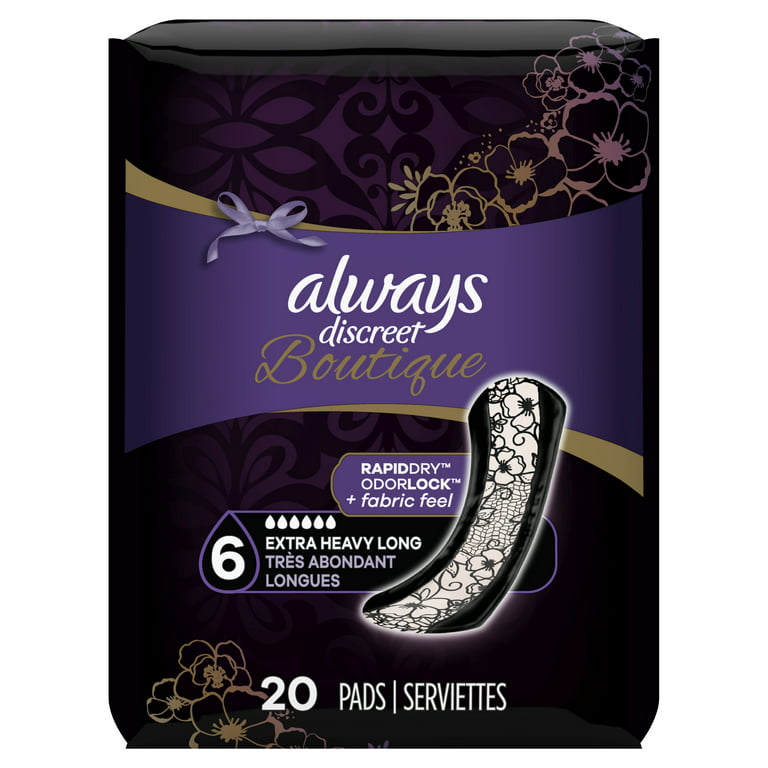https://i5.walmartimages.com/seo/Always-Discreet-Boutique-Incontinence-Pads-Extra-Heavy-Long-2-Pack-of-20-ct-40-count-total_246e9492-9ba6-47e6-9853-1a5911e0da61_1.1cb344d3d434c2658236357fdbd2ee68.jpeg?odnHeight=768&odnWidth=768&odnBg=FFFFFF