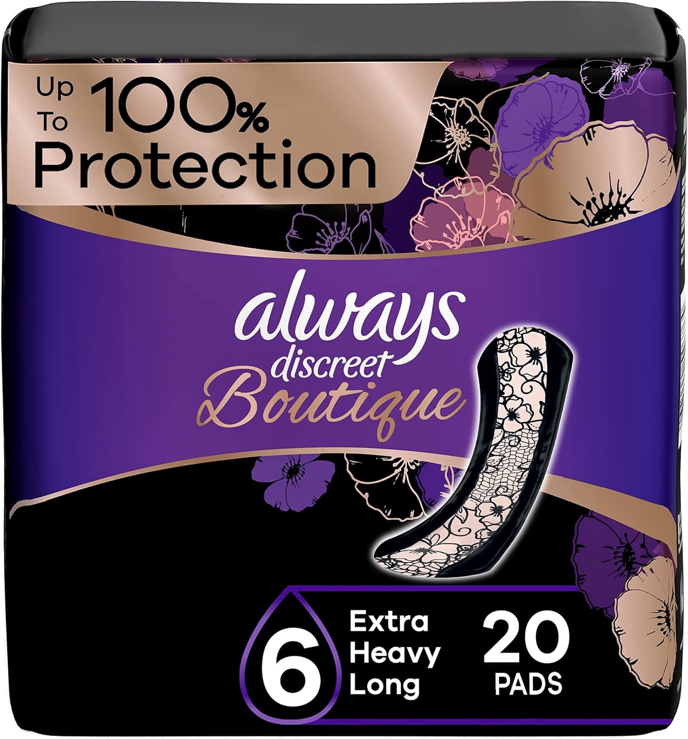 Always Discreet Boutique Incontinence Pads, Size 6, Extra Heavy Absorption, Long, 20 Pads
