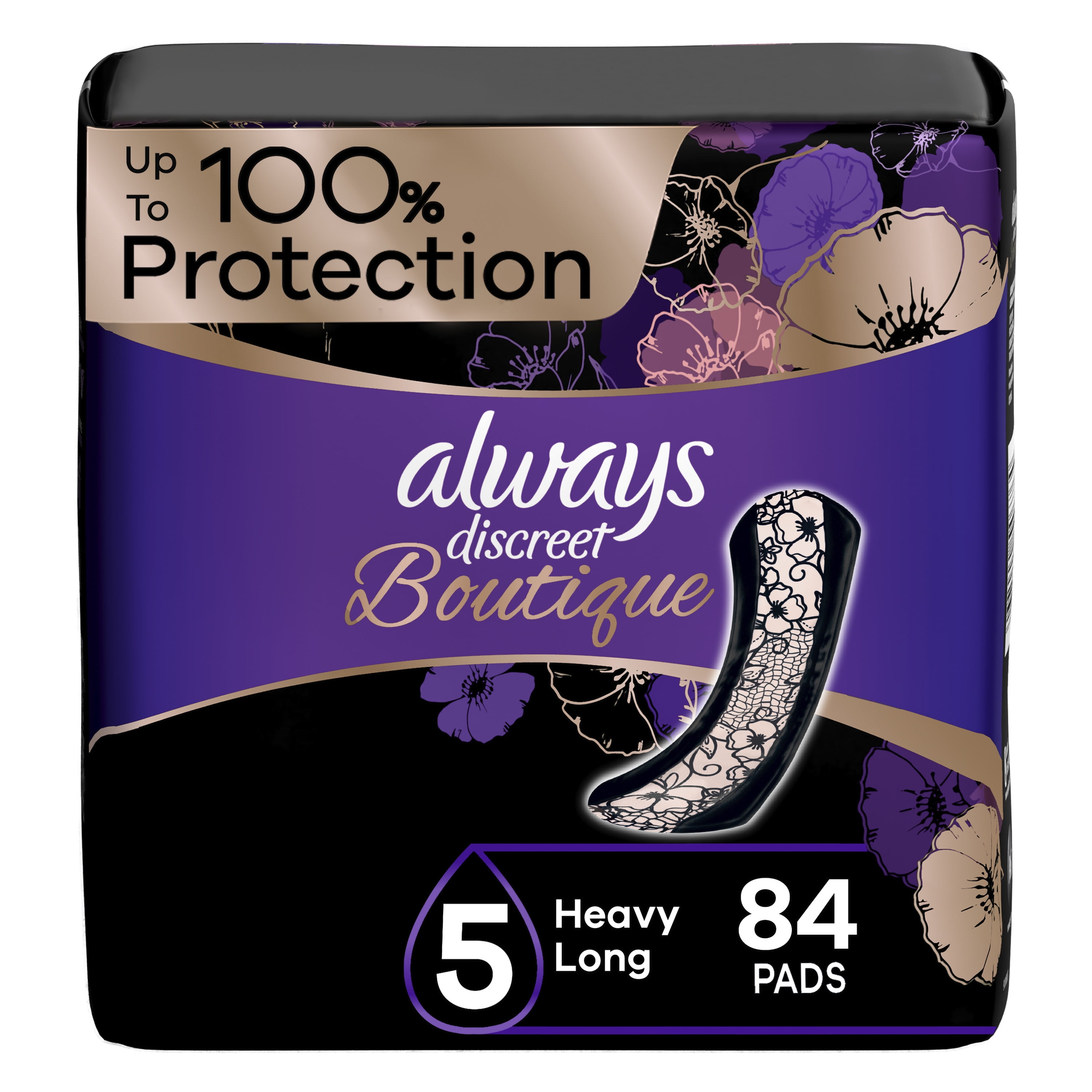 Always Discreet Boutique Incontinence Pads, for Bladder Leaks, Heavy Absorbency, Long Length, 84 CT