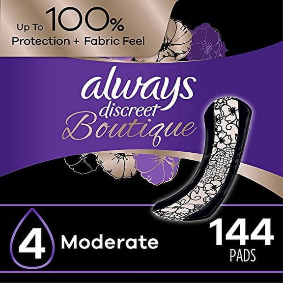 Always Discreet Boutique Incontinence & Postpartum Incontinence Pads for Women, Moderate Absorbency, 144 Count, Regular Length (3 Packs of 48 - 144 Count Total)