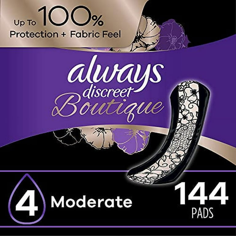 https://i5.walmartimages.com/seo/Always-Discreet-Boutique-Incontinence-Postpartum-Pads-Women-Size-4-Moderate-Absorbency-144-Count-Regular-Length-3-Packs-48-Count-Total_52c70b58-6167-4c7f-a03b-af5cd0525c99.457f0c6b45ec40e770316ccbe46f0021.jpeg?odnHeight=768&odnWidth=768&odnBg=FFFFFF