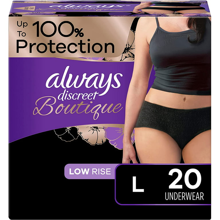 Always Discreet Boutique, Incontinence & Postpartum Underwear For Women,  Low-Rise, Size Large, Black, Maximum Absorbency, Disposable, 20 Count