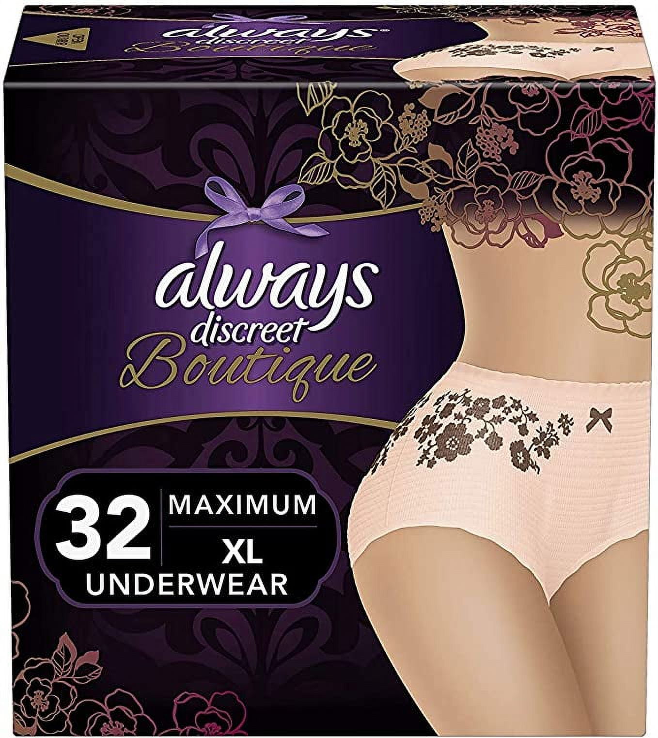 Always Discreet Boutique Incontinence & Postpartum Underwear for Women,  Disposable, Maximum Protection, Peach, X-Large, 16 Count - Pack of 2 (32  Count Total) 