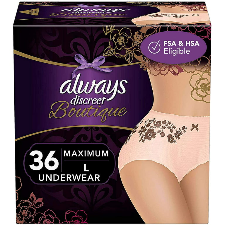Always Discreet Boutique Incontinence & Postpartum Incontinence Underwear  for Women, Large, 36 Count, FSA HSA Eligible, Maximum Protection, Disposable  (18 Count, Pack of 2 - 36 Count Total) 