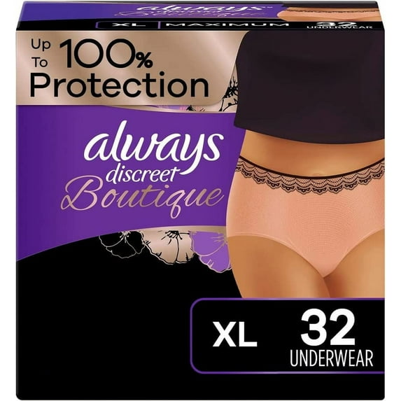 Always Discreet Boutique, Incontinence & Postpartum Underwear For Women, Size X-Large, Peach, Maximum Absorbency, Disposable, 16 Count x 2 Packs (32 Count total)