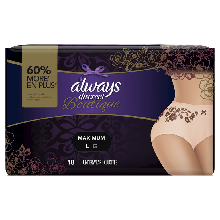 Always Discreet Boutique, Incontinence & Postpartum Underwear for Women,  Maximum Protection, Large, 2 Pack of 18 count = 36 Count total 